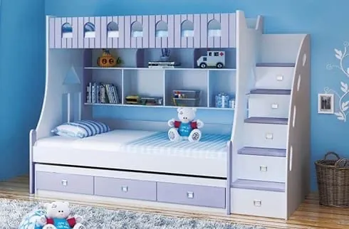 Blue & Lavender Bunk Bed with Shelves