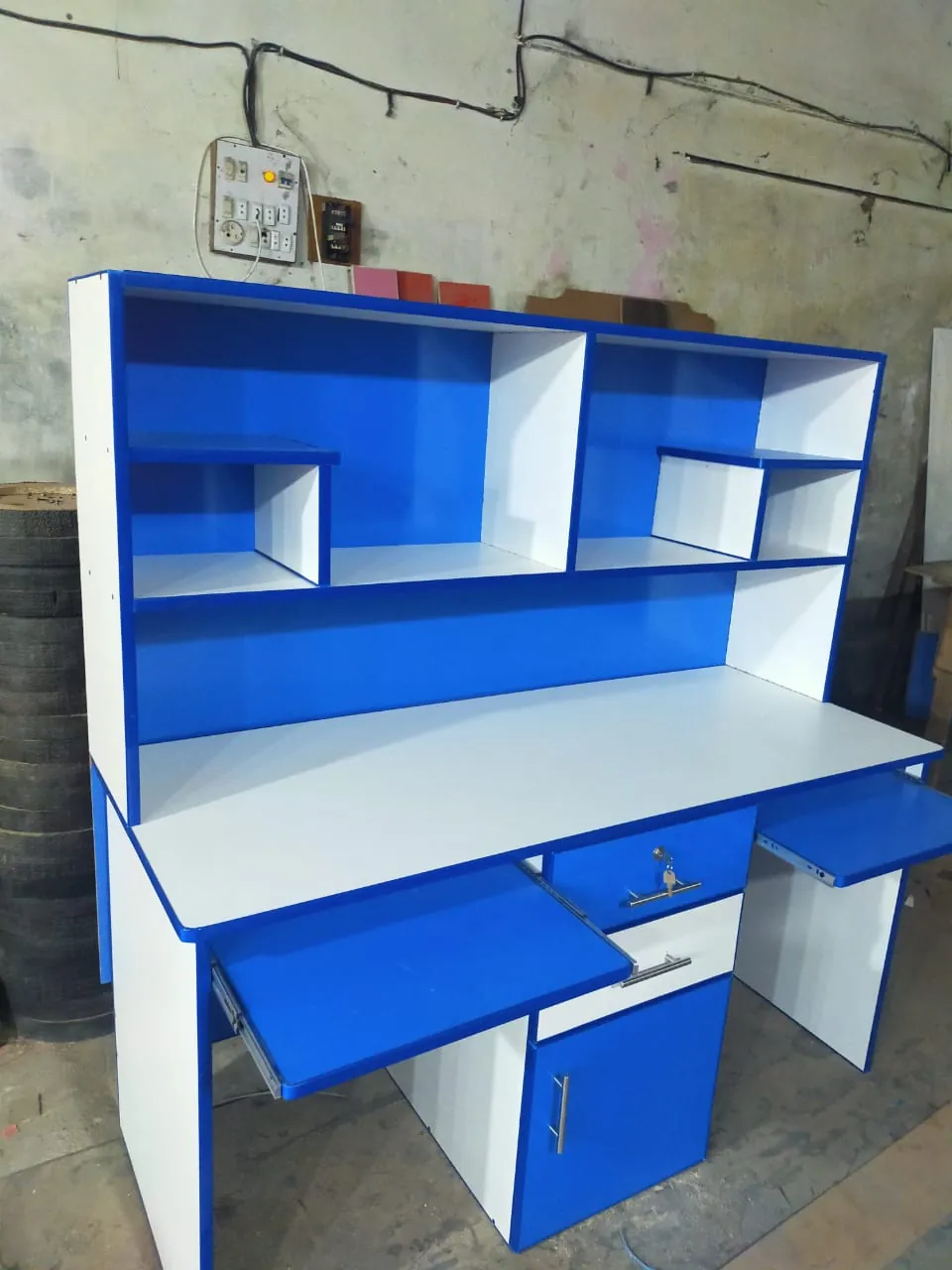 Blue & White Study Desk with Hutch & Keyboard Tray
