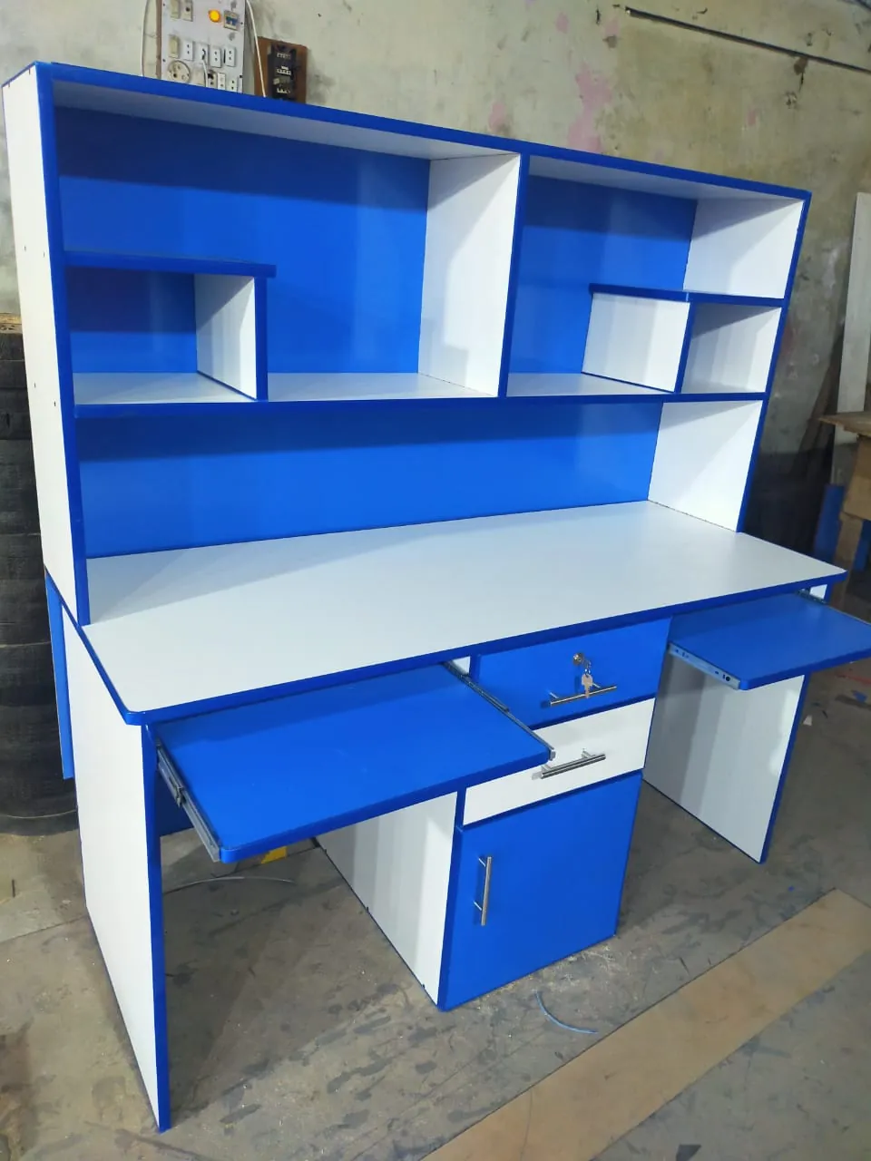 Blue & White Study Desk with Hutch & Pull-Out Tray