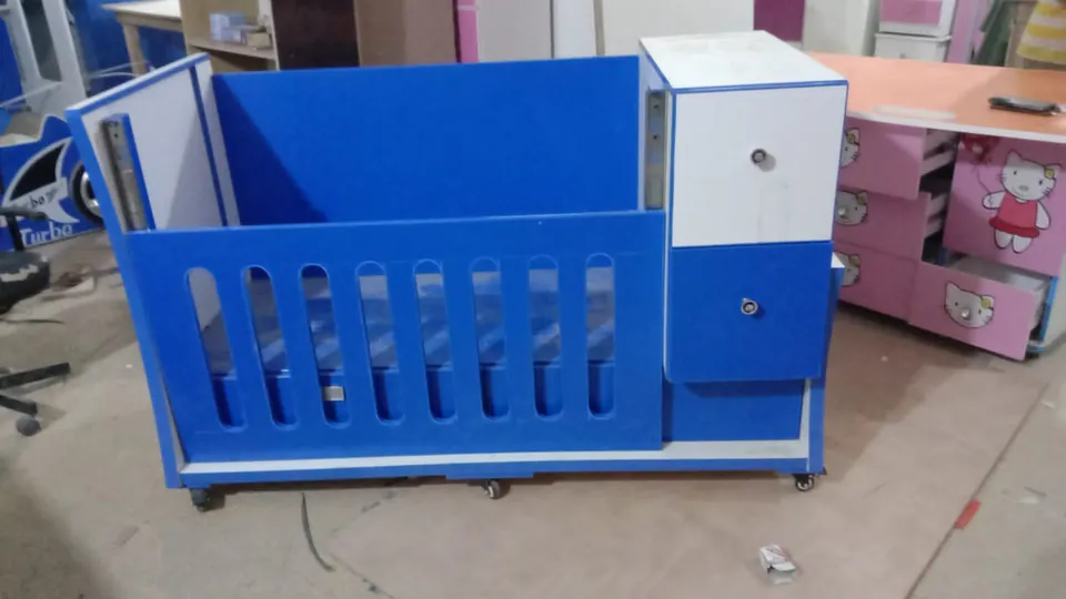 Blue Baby Cot with Side Cabinet & Drawers