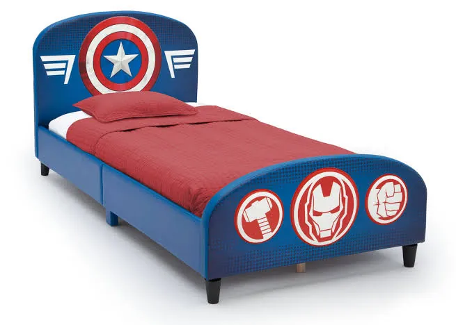 Blue Upholstered Single Bed with Emblems