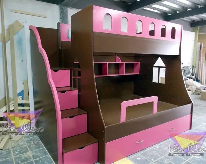 Brown & Pink Bunk Bed with Staircase Storage