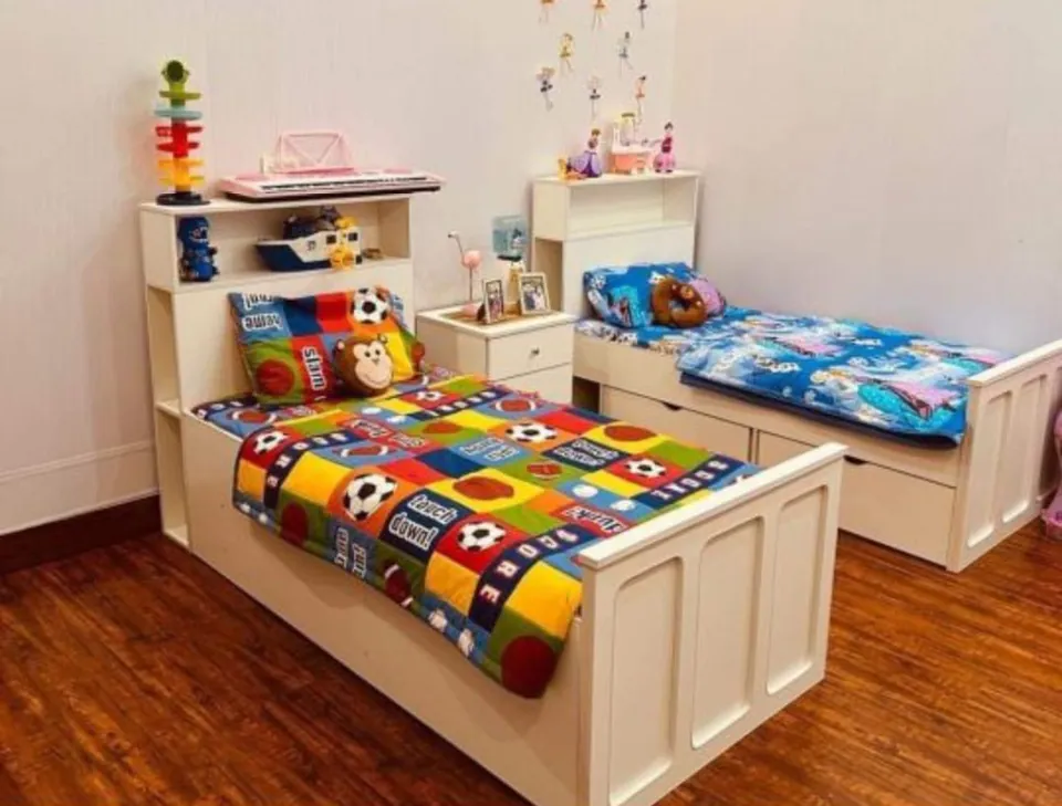 Cream Wood Single Bed with Bookcase Headboard