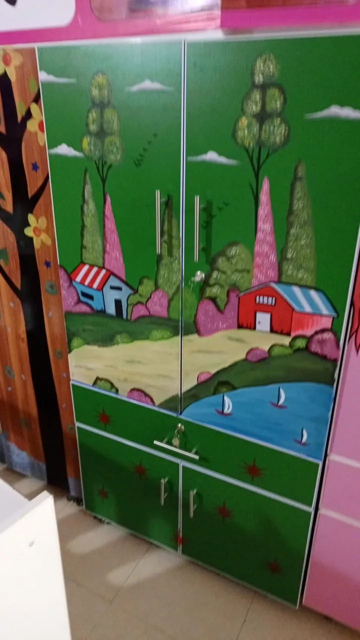 Green Wardrobe with Landscape Artwork