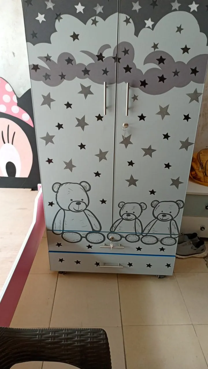 Grey & White Wardrobe with Teddy & Star Artwork