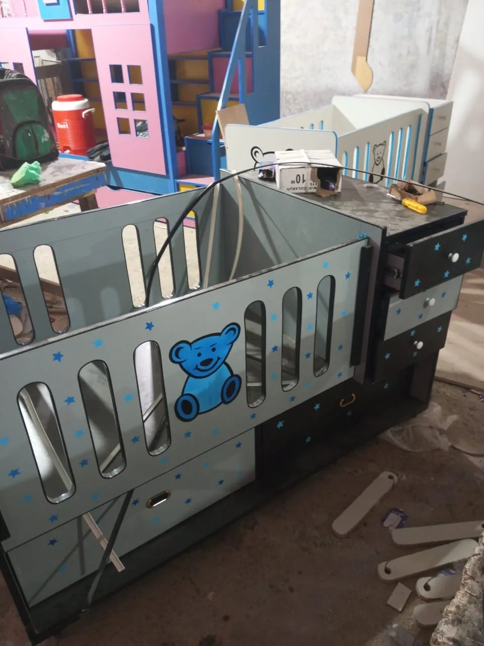 Grey Baby Cot with Blue Bear Panel