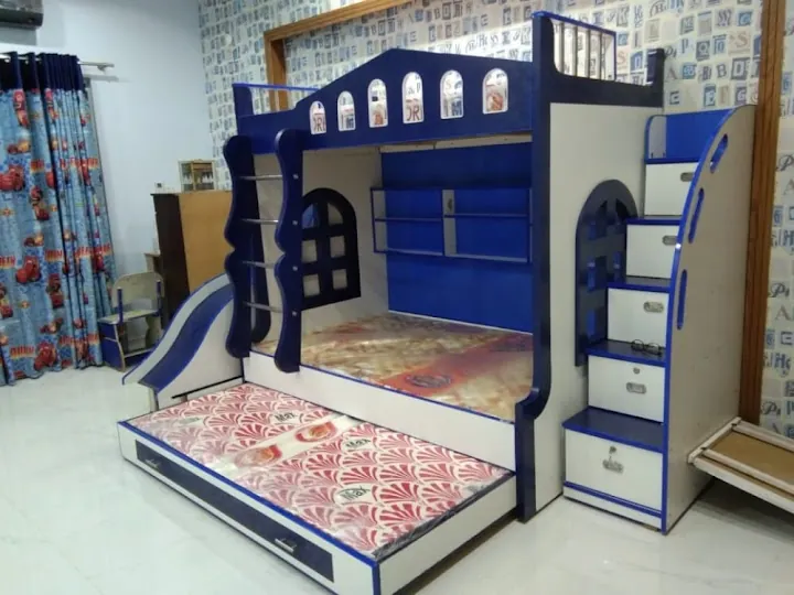 Navy & White Bunk Bed with Slide & Trundle