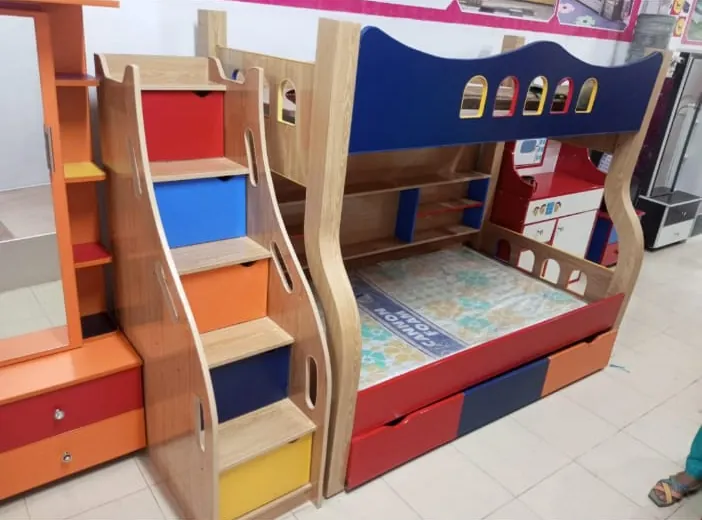 Orange, Blue & Red Bunk Bed with Stairs