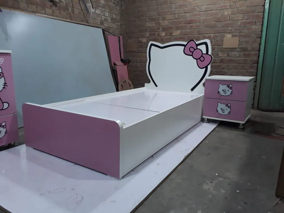 Pink & White Single Bed with Cat Headboard