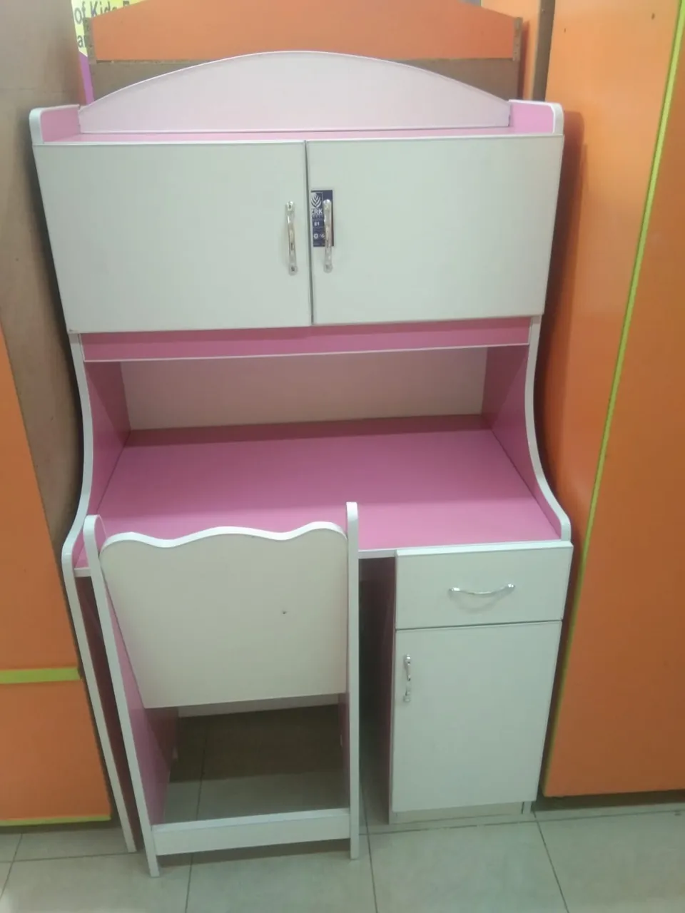 Pink & White Study Desk with Cupboard Top