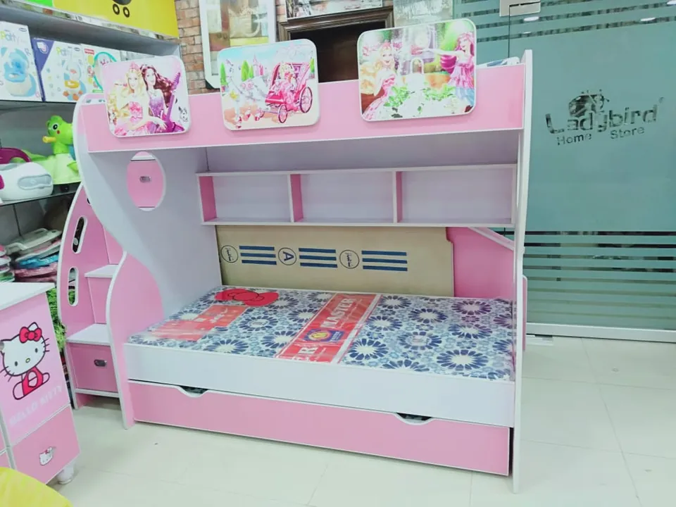 Pink Bunk Bed with Drawer & Shelves