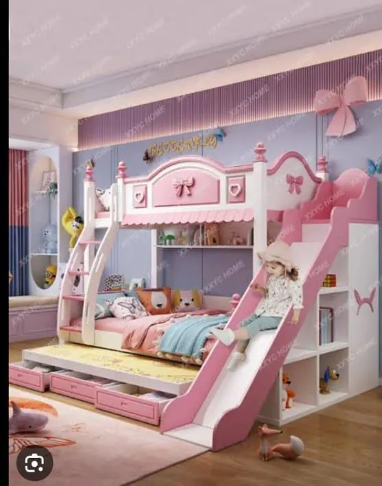 Pink Princess Bunk Bed with Slide & Trundle