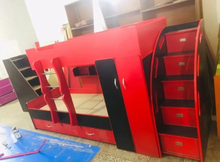 Red & Black Bunk Bed with Storage Stairs