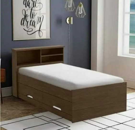 Walnut Storage Single Bed with Bookcase Headboard