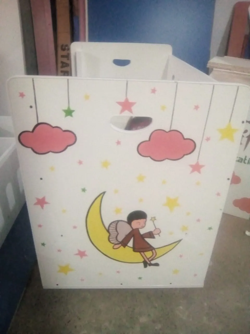 White Baby Cot with Moon & Cloud Artwork