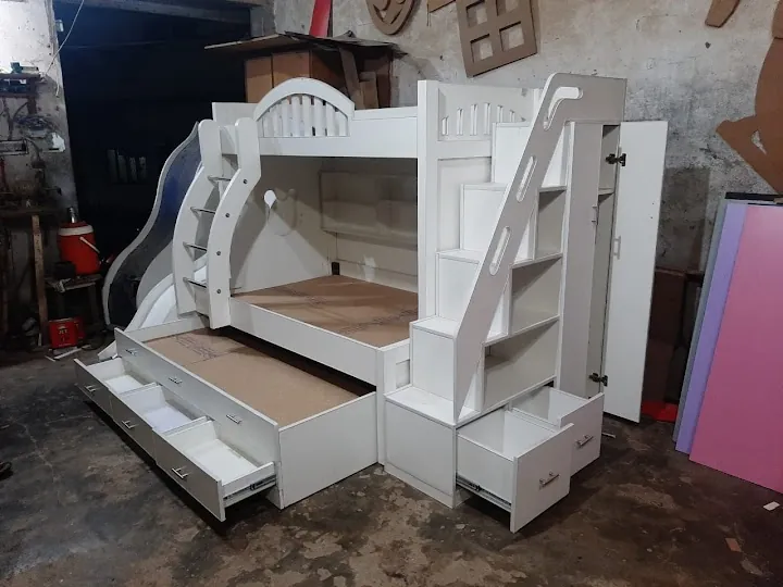 White Bunk Bed with Slide & Drawers