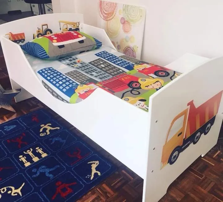 White Single Bed with Truck Artwork