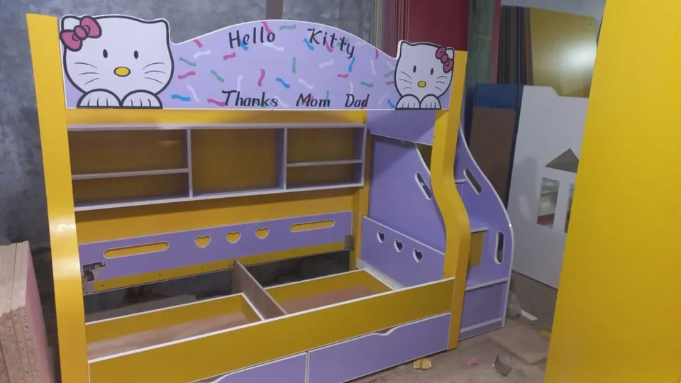 Yellow & Lavender Bunk Bed with Shelves