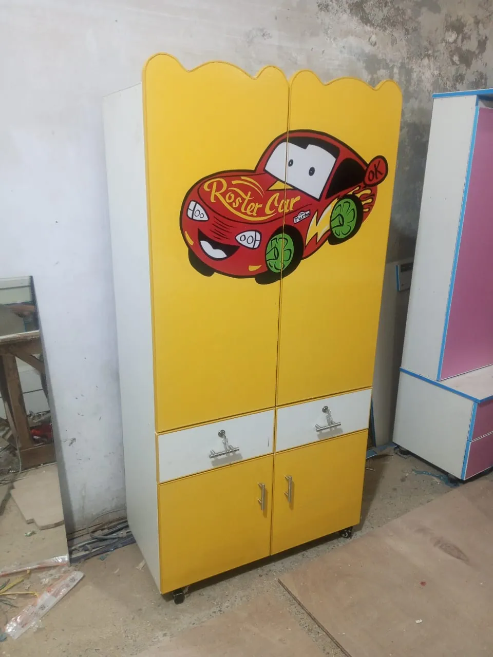 Yellow & White Wardrobe with Car Artwork