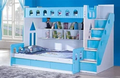 Blue & White Bunk Bed with Staircase Storage