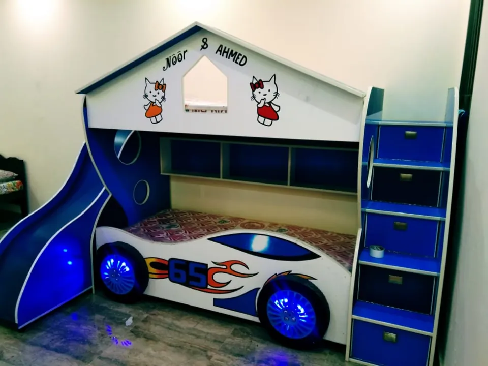 Blue Car-Style Bunk Bed with Slide