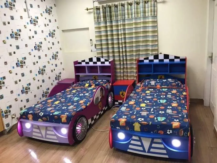 Car Beds - Pair of Racing Car Beds with Shelf Headboards