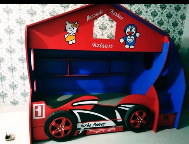 Red Car-Style Bunk Bed with House Top