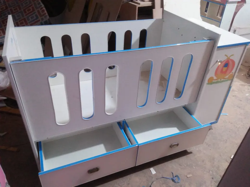 White & Blue Baby Cot with Castle Artwork