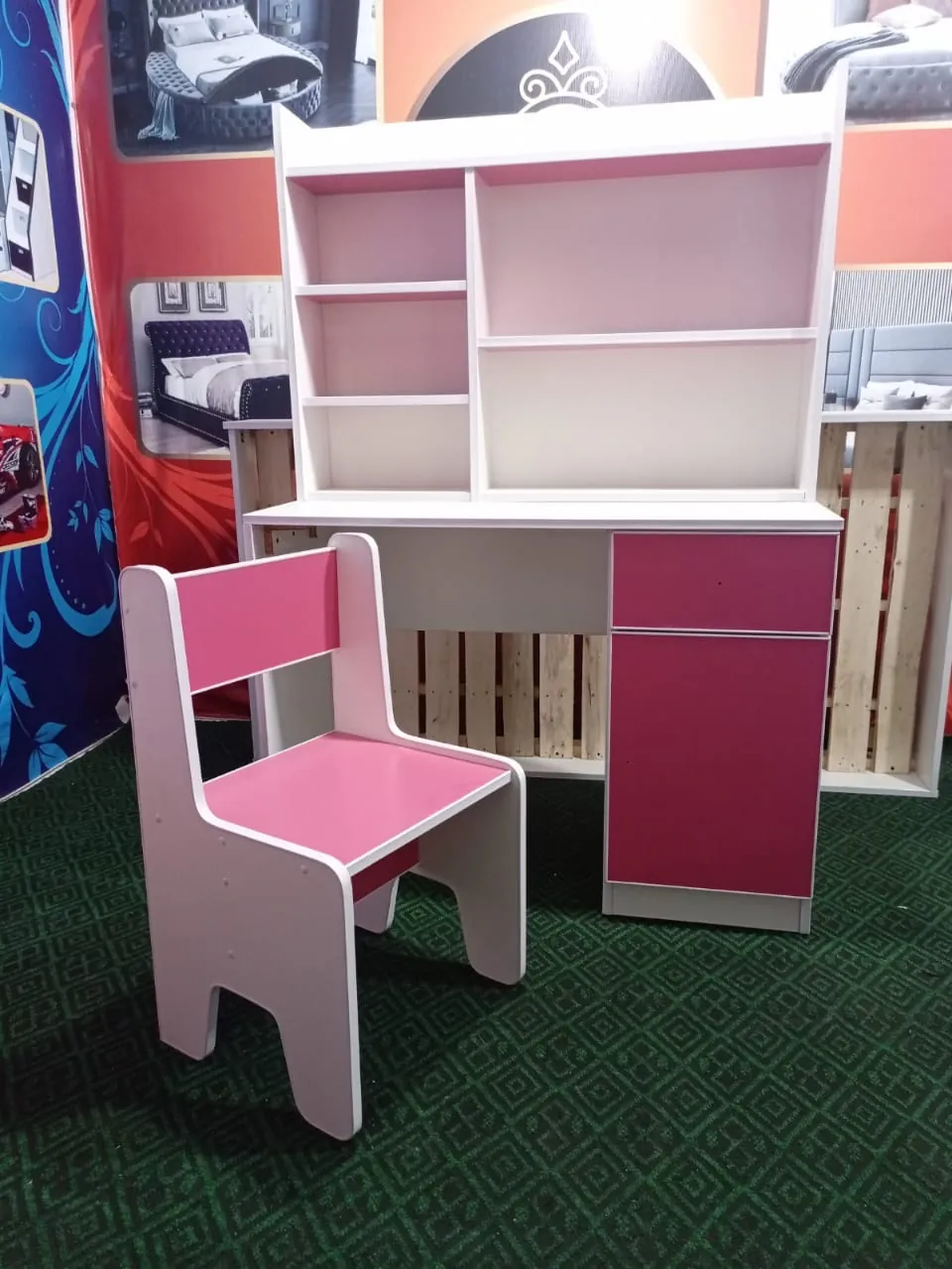 White & Pink Study Desk with Chair
